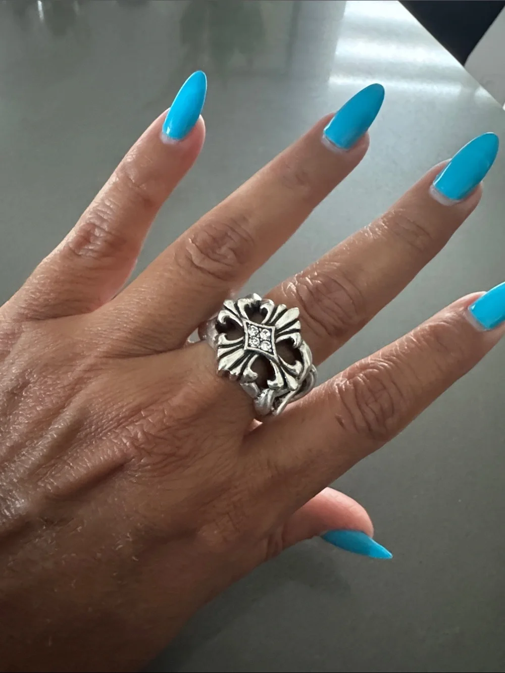 Men's Silver Gothic Fleur-Style Statement Ring with Accent Stones size 10